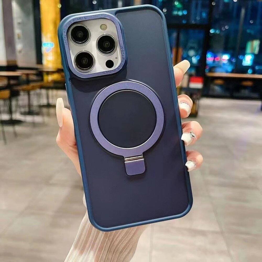 iPhone 15 Pro Max MagSafe Ring Stand Case With Glass Screen Protector Dark Blue